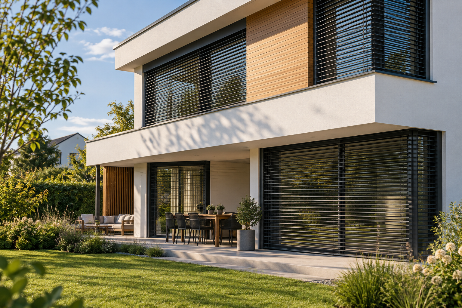 Inspirace: moderní rodinný dům s antracitovými venkovními žaluziemi
